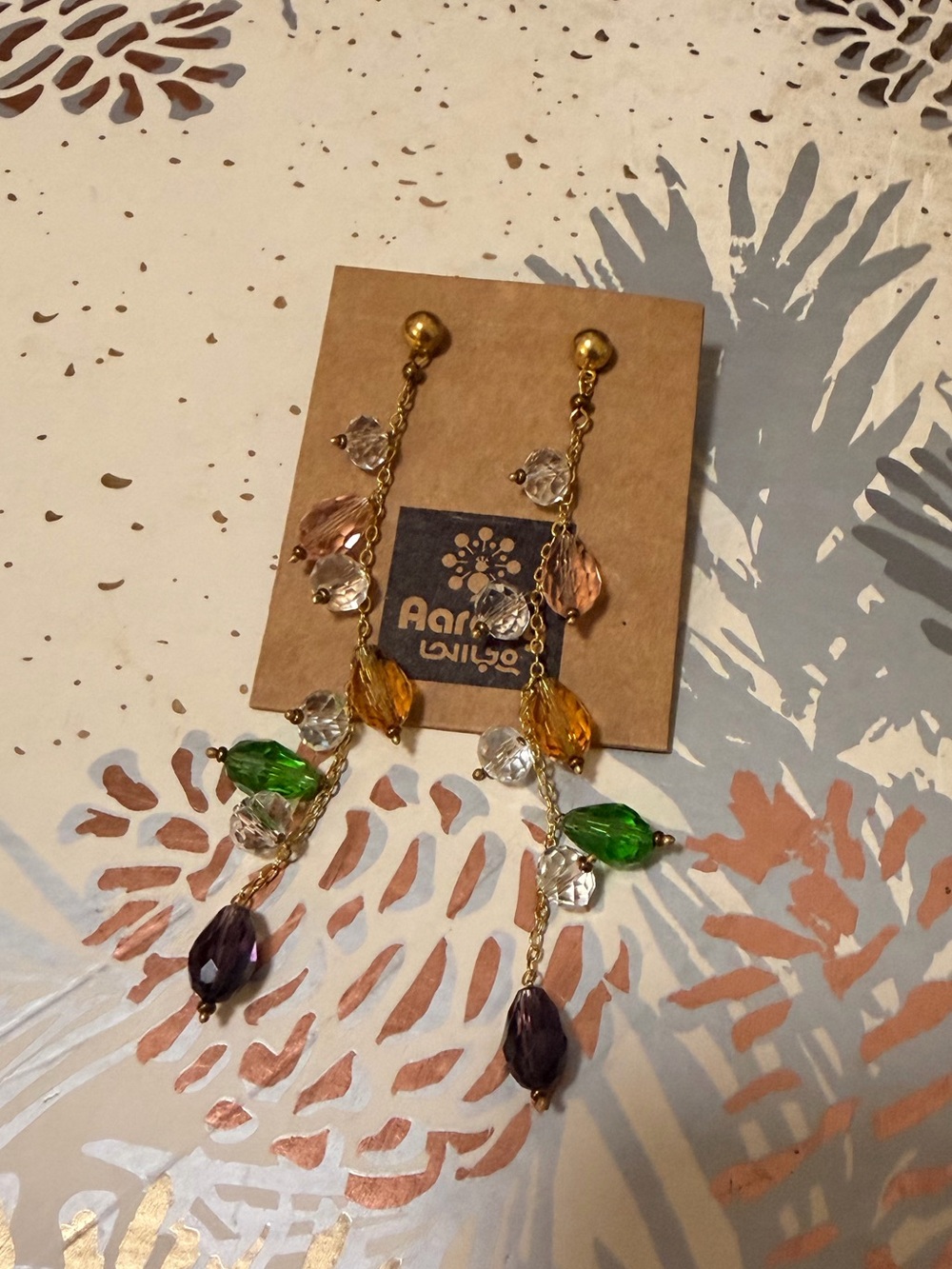 Multicolor Crystal Leaf Drop Earrings with Gold Chain Detail